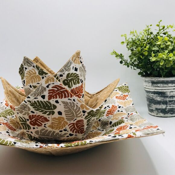 Set of Three Microwave Bowl Cozy Holder, Reversible, Monstera Plant Leaves Print - Picture 1 of 10